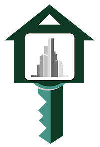 Logo for Manage Chicago depicting a key with a house and a city skyline